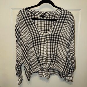 Express Black & White Plaid Button-Front Tie-Hem Women's Top